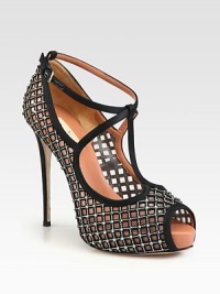 Crystal-coated mesh pairs with luxe satin trim in this t-strap design, with a towering heel and classic peep toe. Satin-covered heel, 5 (125mm)Covered platform, 1 (25mm)Compares to a 4 heel (100mm)Crystal-coated metallic mesh upper with satin trimPeep toeLeather lining and solePadded insoleMade in Italy Crystal-coated mesh pairs with luxe satin trim in this t-strap design, with a towering heel and classic peep toe. Satin-covered heel, 5 (125mm)Covered platform, 1 (25mm)Compares to a 4 heel (100mm)Crystal-coated metallic mesh upper with satin trimPeep toeLeather lining and solePadded insoleMade in Italy