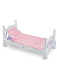 Careful craftsmanship and adorable details make this delightful wooden furniture bed a must for any doll! Scaled perfectly for dolls up to 20¿, each value-priced piece features hand-detailing and sturdy construction. Bed includes a beautiful pillow, blanket and mattress. Ages 3+ 24.5¿ x 14.25¿ x 4.75¿ boxed 24¿ x 12¿ x 11¿ assembled Careful craftsmanship and adorable details make this delightful wooden furniture bed a must for any doll! Scaled perfectly for dolls up to 20¿, each value-priced piece features hand-detailing and sturdy construction. Bed includes a beautiful pillow, blanket and mattress. Ages 3+ 24.5¿ x 14.25¿ x 4.75¿ boxed 24¿ x 12¿ x 11¿ assembled