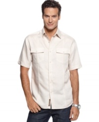 Casual goes classy with this double-pocketed linen-blend shirt from Cubavera. Casual goes classy with this double-pocketed linen-blend shirt from Cubavera.