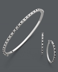 The perfect match. This stunning hoop earrings and bangle set features alternating black and white diamond accents set in sterling silver. Approximate bracelet length: 7 inches. Approximate earring diameter: 1 inch. The perfect match. This stunning hoop earrings and bangle set features alternating black and white diamond accents set in sterling silver. Approximate bracelet length: 7 inches. Approximate earring diameter: 1 inch.
