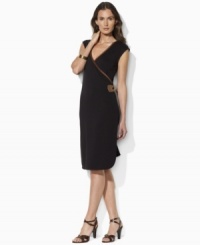 Lauren by Ralph Lauren's flattering wrap-silhouette dress is trimmed with soft faux suede, becoming a heritage-inspired classic. Lauren by Ralph Lauren's flattering wrap-silhouette dress is trimmed with soft faux suede, becoming a heritage-inspired classic.