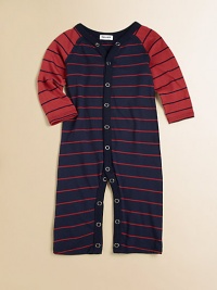 A precious little one-piece for baby in a snap-front silhouette with bold stripes.V-neckLong sleevesSnap front and bottom45% cotton/45% modal/10% polyesterMachine washImported Please note: Number of snaps may vary depending on size ordered. A precious little one-piece for baby in a snap-front silhouette with bold stripes.V-neckLong sleevesSnap front and bottom45% cotton/45% modal/10% polyesterMachine washImported Please note: Number of snaps may vary depending on size ordered.