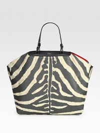 For an exotic touch, this zebra-print leather design with a dramatically contrasting interior is the perfect choice. Double top handles, 7 dropOpen topOne inside zip pocket14½W X 11½H X 6DImported For an exotic touch, this zebra-print leather design with a dramatically contrasting interior is the perfect choice. Double top handles, 7 dropOpen topOne inside zip pocket14½W X 11½H X 6DImported