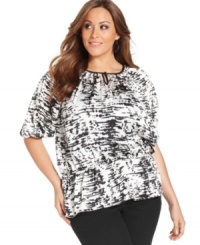 Awaken your neutral bottoms with NY Collection's elbow sleeve plus size peasant top! Awaken your neutral bottoms with NY Collection's elbow sleeve plus size peasant top!
