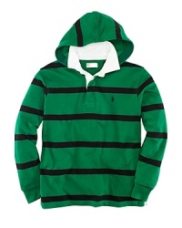 A classic long-sleeved rugby is updated with an attached hood for signature sporty style. A classic long-sleeved rugby is updated with an attached hood for signature sporty style.