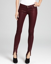 Coated with a shiny wine-colored finish, these sleek, skinny Hudson jeans are destined for a night downtown with edgy front ankle zips that bring out your inner rock star. Coated with a shiny wine-colored finish, these sleek, skinny Hudson jeans are destined for a night downtown with edgy front ankle zips that bring out your inner rock star.