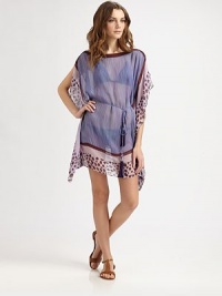 A dynamic duo of prints lends unquestionable panache to this luxurious swim coverup.BoatneckFlutter sleevesSelf-tie tassel beltSilkHand washImportedOUR FIT MODEL RECOMMENDS ordering true size. A dynamic duo of prints lends unquestionable panache to this luxurious swim coverup.BoatneckFlutter sleevesSelf-tie tassel beltSilkHand washImportedOUR FIT MODEL RECOMMENDS ordering true size.