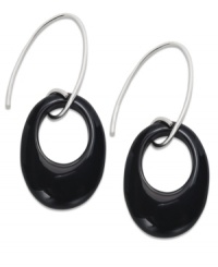 Elliptical elegance. Bold round onyx (22 ct. t.w.) in a contemporary silhouette stands out in this pair of sterling silver drop earrings to stunning effect. Approximate length: 2-3/4 inches. Approximate width: 3/4 inch. Elliptical elegance. Bold round onyx (22 ct. t.w.) in a contemporary silhouette stands out in this pair of sterling silver drop earrings to stunning effect. Approximate length: 2-3/4 inches. Approximate width: 3/4 inch.