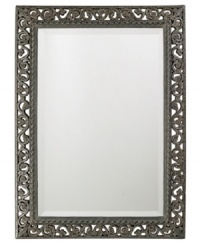 Open scrolling vines wind up and around the fabulously old-fashioned Bristol mirror. In antique-finished black with silver highlights and inner cording, this striking piece is a stylish throwback to elegant ages past. Open scrolling vines wind up and around the fabulously old-fashioned Bristol mirror. In antique-finished black with silver highlights and inner cording, this striking piece is a stylish throwback to elegant ages past.