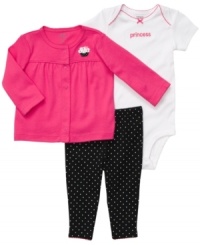 Keep her feeling like the princess she is in this sweet and sassy 3-piece bodysuit, pant and cardigan set from Carter's. Keep her feeling like the princess she is in this sweet and sassy 3-piece bodysuit, pant and cardigan set from Carter's.