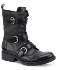 Bold straps with major buckles. Born's Marxia booties lace-up tight and are adorned with a trio of cool buckled straps. Bold straps with major buckles. Born's Marxia booties lace-up tight and are adorned with a trio of cool buckled straps.