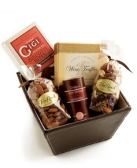 Why not pair their vintage with the perfect complement? This gourmet gift basket from Torn Ranch features jumbo almonds, cabernet chocolate chip biscotti, champagne chocolate indulgences, berry blossom trail mix and chardonnay wine truffles, all set in a fine keepsake box ripe for the giving. Why not pair their vintage with the perfect complement? This gourmet gift basket from Torn Ranch features jumbo almonds, cabernet chocolate chip biscotti, champagne chocolate indulgences, berry blossom trail mix and chardonnay wine truffles, all set in a fine keepsake box ripe for the giving.