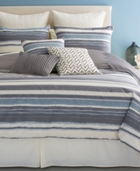 Sleek sophistication. Bryan Keith's Ventura comforter set features grey and cream horizontal stripes and reverses to grey, cream and blue vertical stripes. European shams feature an intricate cream-on-cream embroidered pattern for added texture. Three coordinating decorative pillows tie together this fresh, chic look. Sleek sophistication. Bryan Keith's Ventura comforter set features grey and cream horizontal stripes and reverses to grey, cream and blue vertical stripes. European shams feature an intricate cream-on-cream embroidered pattern for added texture. Three coordinating decorative pillows tie together this fresh, chic look.