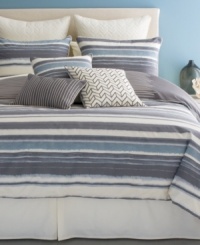 Sleek sophistication. Bryan Keith's Ventura comforter set features grey and cream horizontal stripes and reverses to grey, cream and blue vertical stripes. European shams feature an intricate cream-on-cream embroidered pattern for added texture. Three coordinating decorative pillows tie together this fresh, chic look.