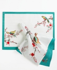 Set the scene for spring with Chirp table linens. Watercolor-inspired birds and florals from the beloved Lenox pattern thrive on coordinating napkins, featuring strands of tonal beads in easy-care polyester microfiber. Set the scene for spring with Chirp table linens. Watercolor-inspired birds and florals from the beloved Lenox pattern thrive on coordinating napkins, featuring strands of tonal beads in easy-care polyester microfiber.