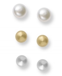 A triple threat! Giani Bernini's sophisticated stud earrings set features white, gold and grey cultured freshwater pearls with sterling silver and 24k gold over sterling silver post settings. Approximate diameters: 4, 5, and 6 mm.