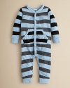 Playtime never looked so cute. This cuddly striped coverall is crafted in an ultrasoft fabric designed to keep him comfy all day long.