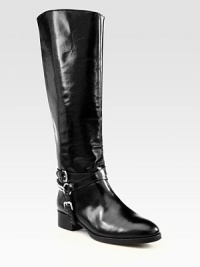 An edgy chain backs this equestrian-inspired leather silhouette, layered with adjustable buckle straps. Stacked heel, 1¼ (30mm)Shaft, 17Leg circumference, 15Leather upperPull-on styleLeather lining and solePadded insoleImported An edgy chain backs this equestrian-inspired leather silhouette, layered with adjustable buckle straps. Stacked heel, 1¼ (30mm)Shaft, 17Leg circumference, 15Leather upperPull-on styleLeather lining and solePadded insoleImported