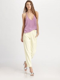 Tapered cotton-twill finished open side seams for contemporary take on a tailored look.Tab-front waistBelt loopsZip-flyFlat frontSlash pocketsBack welt pocketsRise, about 11Inseam, about 2958% viscose/42% cottonDry cleanImportedModel shown is 5'10 (177cm) wearing US size 4. Tapered cotton-twill finished open side seams for contemporary take on a tailored look.Tab-front waistBelt loopsZip-flyFlat frontSlash pocketsBack welt pocketsRise, about 11Inseam, about 2958% viscose/42% cottonDry cleanImportedModel shown is 5'10 (177cm) wearing US size 4.
