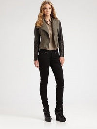 The definition of edgy femininity, this tailored tweed jacket features lambskin sleeves, clever zipper details and a ruffle hem.Collar neckLeather sleevesEpaulettesAsymmetrical front zipperRuffle hemStitched elbow patchesZipper slash pocketsBack yokeFully linedAbout 18 from shoulder to hem61% nylon/27% wool/9% polyamide/3% silkDry clean by leather specialistImported Model shown is 5'10 (177cm) wearing US size 4. The definition of edgy femininity, this tailored tweed jacket features lambskin sleeves, clever zipper details and a ruffle hem.Collar neckLeather sleevesEpaulettesAsymmetrical front zipperRuffle hemStitched elbow patchesZipper slash pocketsBack yokeFully linedAbout 18 from shoulder to hem61% nylon/27% wool/9% polyamide/3% silkDry clean by leather specialistImported Model shown is 5'10 (177cm) wearing US size 4.