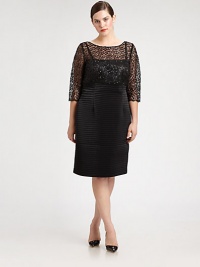 Shimmer and shine in this striking cocktail dress featuring a delicate lace and sequin top. The skirt is beyond-flattering, thanks to skinny, horizontal pleats and classic waist darts. Round neckThree-quarter sleevesWaist dartsButton closure on keyhole backConcealed back zipperBodice: 65% polyester/35% metallic thread; skirt: 73% rayon/22% polyester/5% spandexDry cleanImported Shimmer and shine in this striking cocktail dress featuring a delicate lace and sequin top. The skirt is beyond-flattering, thanks to skinny, horizontal pleats and classic waist darts. Round neckThree-quarter sleevesWaist dartsButton closure on keyhole backConcealed back zipperBodice: 65% polyester/35% metallic thread; skirt: 73% rayon/22% polyester/5% spandexDry cleanImported