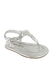 Centered on a RL engraved charm, this strappy sandal goes for the glam with a metallic-treated leather upper and footbed. Centered on a RL engraved charm, this strappy sandal goes for the glam with a metallic-treated leather upper and footbed.