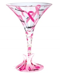 Make a toast to breast cancer survivors and brave, strong women in your life. Painted and adorned with pink ribbons, this Lolita martini glass celebrates moms, sisters, daughters and friends who triumphed over or are now battling the disease. Clear rhinestones accent the stem. Make a toast to breast cancer survivors and brave, strong women in your life. Painted and adorned with pink ribbons, this Lolita martini glass celebrates moms, sisters, daughters and friends who triumphed over or are now battling the disease. Clear rhinestones accent the stem.