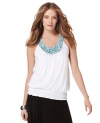 Summery turquoise beads adorn INC's chic top. No need for a necklace with this stunner! Summery turquoise beads adorn INC's chic top. No need for a necklace with this stunner!