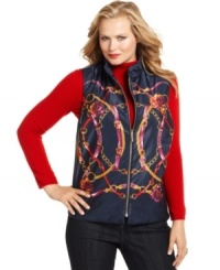 A status print adds luxe appeal to Charter Club's plus size vest. A perfect layering piece for fall with your favorite sweaters and turtlenecks.