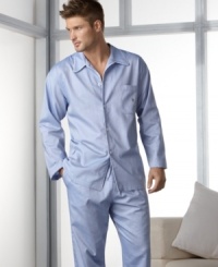 A comfortable pajama pant for sleeping or lounging. Features elasticized waistband, fly with single-button closure and on-seam side pockets.