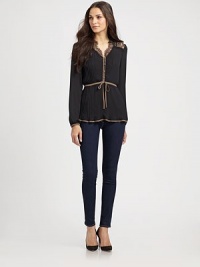 Perfect accent piece that will transition from desk until dinner, this pleated blouse has sultry lace trim and a contrasting self-tie. Lace-trim v-neckLace shouldersLong sleeves with elastic cuffsWaist self-tiePolyesterDry cleanImportedSIZE & FITModel shown is 5'9½ (176cm) wearing US size Small. Perfect accent piece that will transition from desk until dinner, this pleated blouse has sultry lace trim and a contrasting self-tie. Lace-trim v-neckLace shouldersLong sleeves with elastic cuffsWaist self-tiePolyesterDry cleanImportedSIZE & FITModel shown is 5'9½ (176cm) wearing US size Small.