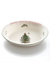 With an historic pattern starring the most cherished symbol of the season, the Christmas Tree oval dish from Spode's collection of serveware and serving dishes is a festive gift to holiday dining. A beautiful present for the host with the sentimental message, Christmas Warms Our Hearts and Homes. With an historic pattern starring the most cherished symbol of the season, the Christmas Tree oval dish from Spode's collection of serveware and serving dishes is a festive gift to holiday dining. A beautiful present for the host with the sentimental message, Christmas Warms Our Hearts and Homes.