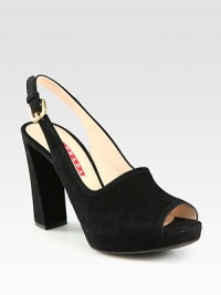 Suede slingback open toe sandal design with platform. Self-covered heel, 4 (100mm)Covered platform, ¾ (20mm)Compares to a 3¼ heel (80mm)Suede upperOpen toeLeather liningRubber solePadded insoleImportedOUR FIT MODEL RECOMMENDS ordering one size up as this style runs small. Suede slingback open toe sandal design with platform. Self-covered heel, 4 (100mm)Covered platform, ¾ (20mm)Compares to a 3¼ heel (80mm)Suede upperOpen toeLeather liningRubber solePadded insoleImportedOUR FIT MODEL RECOMMENDS ordering one size up as this style runs small.
