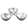 This interlocked set of three bowls measuring 11 inches in diameter can be used for condiments, nuts, candies, olives, snack crackers, or what-have-you. The triple bowl, designed by Karim Rashid, is part of our contemporary Morphik collection of serving/entertaining accessories that feature the curving forms nature favors.