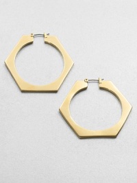 A bolt-inspired hoop design in a radiant goldtone. Goldtone brassLength, about 2Hinged post backImported 