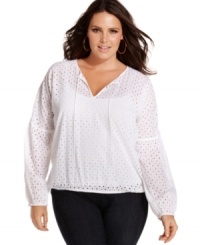 A sheer delight: MICHAEL Michael Kors' long sleeve plus size peasant top, showcasing an eyelet pattern.