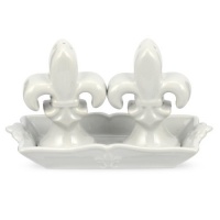 Portmeirion Fleur De Lys Grey Figural Salt and Pepper with Tray Portmeirion Fleur De Lys Grey Figural Salt and Pepper with Tray
