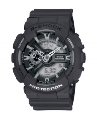 Deconstructed design and dual capabilities, mastered by G-Shock. Black resin strap and round case. Shock-resistant, analog-digital dial features auto LED illuminator, world time, four alarms, stopwatch with velocity indicator, countdown timer and 12/24-hour formats. Quartz movement. Water resistant to 200 meters. One-year limited warranty. Deconstructed design and dual capabilities, mastered by G-Shock. Black resin strap and round case. Shock-resistant, analog-digital dial features auto LED illuminator, world time, four alarms, stopwatch with velocity indicator, countdown timer and 12/24-hour formats. Quartz movement. Water resistant to 200 meters. One-year limited warranty.