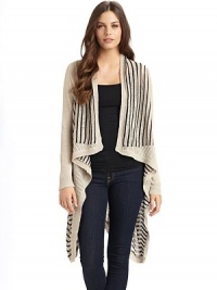 THE LOOKJacquard stripes Open front style Ribbed edges ¾ sleeves with ribbed cuffs Ribbed asymmetrical hemTHE FITAbout 41 from shoulder to hemTHE MATERIAL71% linen/17% rayon/12% nylonCARE & ORIGINDry clean Imported THE LOOKJacquard stripes Open front style Ribbed edges ¾ sleeves with ribbed cuffs Ribbed asymmetrical hemTHE FITAbout 41 from shoulder to hemTHE MATERIAL71% linen/17% rayon/12% nylonCARE & ORIGINDry clean Imported