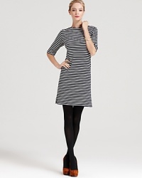 Take comfort in stripes with this stylish Theory dress that features flattering elbow sleeves in a fluid stretch knit fabric. Take comfort in stripes with this stylish Theory dress that features flattering elbow sleeves in a fluid stretch knit fabric.