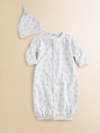 This soft cotton gown with a playful print, picot trim and matching hat can be converted to legs.CrewneckLong sleeves with mitten cuffsFront snapsBottom elasticOrganic pima cottonMachine washImported Please note: Number of snaps may vary depending on size ordered. This soft cotton gown with a playful print, picot trim and matching hat can be converted to legs.CrewneckLong sleeves with mitten cuffsFront snapsBottom elasticOrganic pima cottonMachine washImported Please note: Number of snaps may vary depending on size ordered.