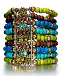 Play up your wrists. Style&co.'s head-turning beaded bracelet combines lime green, turquoise, cobalt blue and wood beading along with matching glass accents for vivacity and shine. Set in gold tone mixed metal. Bracelet stretches to fit wrist. Approximate diameter: 2-3/4 inches. Play up your wrists. Style&co.'s head-turning beaded bracelet combines lime green, turquoise, cobalt blue and wood beading along with matching glass accents for vivacity and shine. Set in gold tone mixed metal. Bracelet stretches to fit wrist. Approximate diameter: 2-3/4 inches.