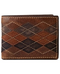Argyle on the outside, all you on the inside. Fossil's ultra-practical Zander Traveler Wallet packs eight credit card slots, two slip pockets, two ID windows, and a bill compartment inside a sturdy leather case featuring every golfer's favorite pattern. Argyle on the outside, all you on the inside. Fossil's ultra-practical Zander Traveler Wallet packs eight credit card slots, two slip pockets, two ID windows, and a bill compartment inside a sturdy leather case featuring every golfer's favorite pattern.