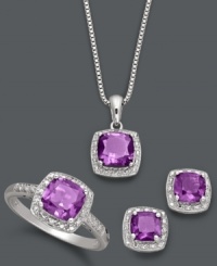 Poignant in purple. This stunning jewelry set highlights cushion-cut amethyst gemstones (4-1/3 ct. t.w.) in a sterling silver setting. Set includes a pendant, a ring, and a pair of stud earrings. Approximate necklace length: 18 inches. Approximate drop: 1/2 inch. Approximate earring diameter: 1/4 inch. Ring size 7.