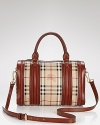 Invest in Burberry's signature style with this leather trimmed cotton-twill checked satchel. With a detachable shoulder strap and a day-right shape, it's a stylish daytime choice.