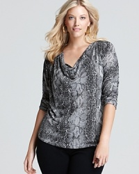 Enliven you everyday wardrobe with a snakeskin-print Nation LTD Plus tee, finished with a fluid cowl neck for exotic elegance. Enliven you everyday wardrobe with a snakeskin-print Nation LTD Plus tee, finished with a fluid cowl neck for exotic elegance.