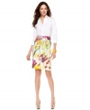 A watercolor floral print adds a bold splash of summer style on this otherwise classic petite Calvin Klein pencil skirt!