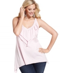 A ruffled front lends a romantic feel to DKNY Jeans' plus size tank top, punctuated by a handkerchief hem. A ruffled front lends a romantic feel to DKNY Jeans' plus size tank top, punctuated by a handkerchief hem.