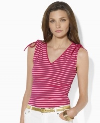 Ruched drawstring ties at the shoulders lend flirty appeal to this striped Lauren by Ralph Lauren petite top, rendered in breathable cotton jersey that's perfect for the season. Ruched drawstring ties at the shoulders lend flirty appeal to this striped Lauren by Ralph Lauren petite top, rendered in breathable cotton jersey that's perfect for the season.
