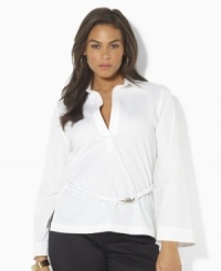 Lauren by Ralph Lauren's crisp cotton poplin plus size tunic is accented with a rope belt at the waist for nautical-inspired style. Lauren by Ralph Lauren's crisp cotton poplin plus size tunic is accented with a rope belt at the waist for nautical-inspired style.